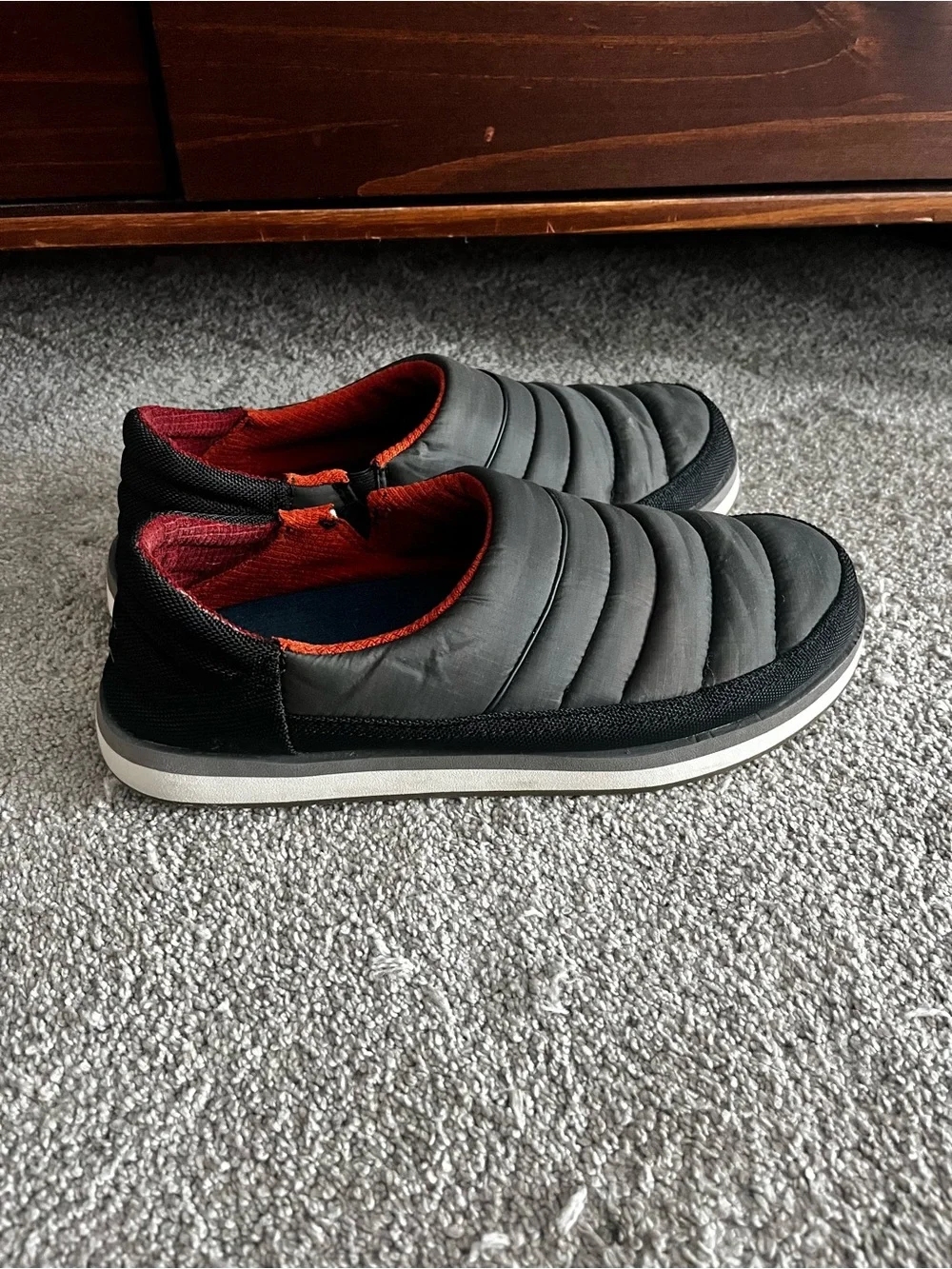 Sanuk Quilted Slip-On Loafers in Black with Red & Orange Trim